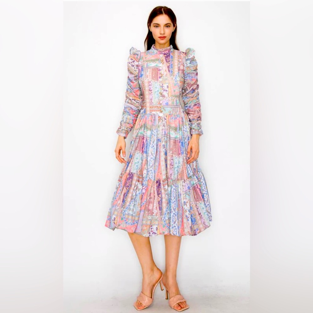 INA Victoria Ruffle Midi Bubble Dress in Lavender, Blue, Peach, Size Medium NWT